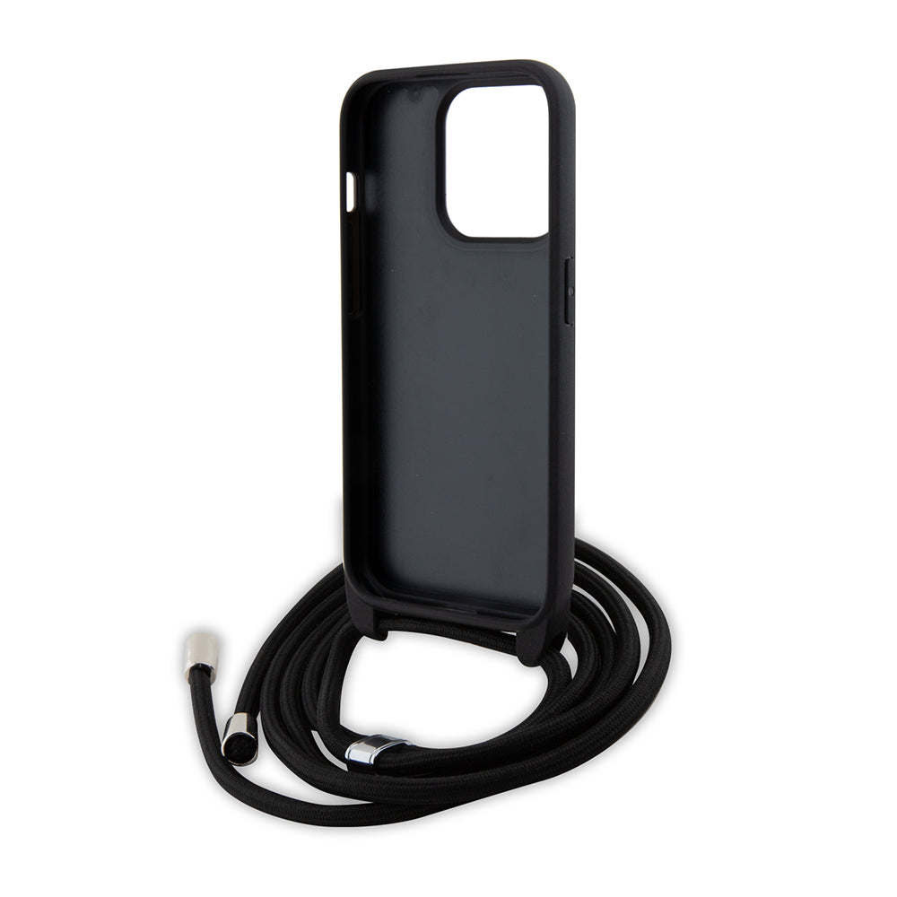 Pouzdro pro Apple iPhone 15 Pro, Karl Lagerfeld, Saffiano Crossbody Metal Pin Karl & Choupette, Černá.