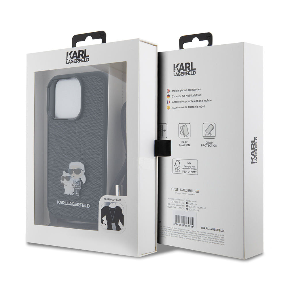 Pouzdro pro Apple iPhone 15 Pro, Karl Lagerfeld, Saffiano Crossbody Metal Pin Karl & Choupette, Černá.