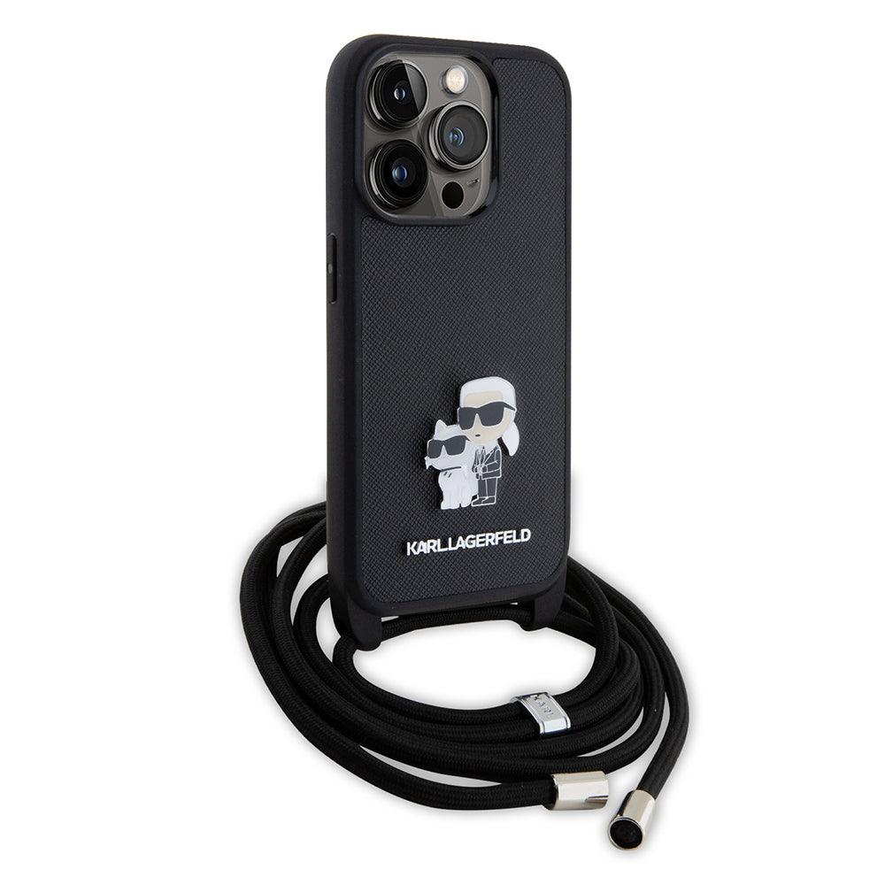Pouzdro pro Apple iPhone 15 Pro, Karl Lagerfeld, Saffiano Crossbody Metal Pin Karl & Choupette, Černá.
