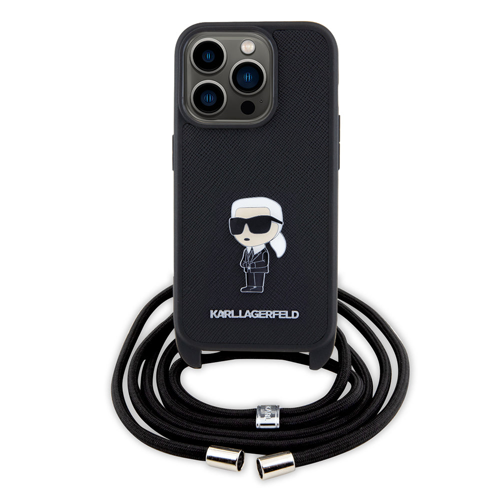 Case for Apple iPhone 15 Pro, Karl Lagerfeld, Saffiano Crossbody Monogram Metal Pin Karl, Black
