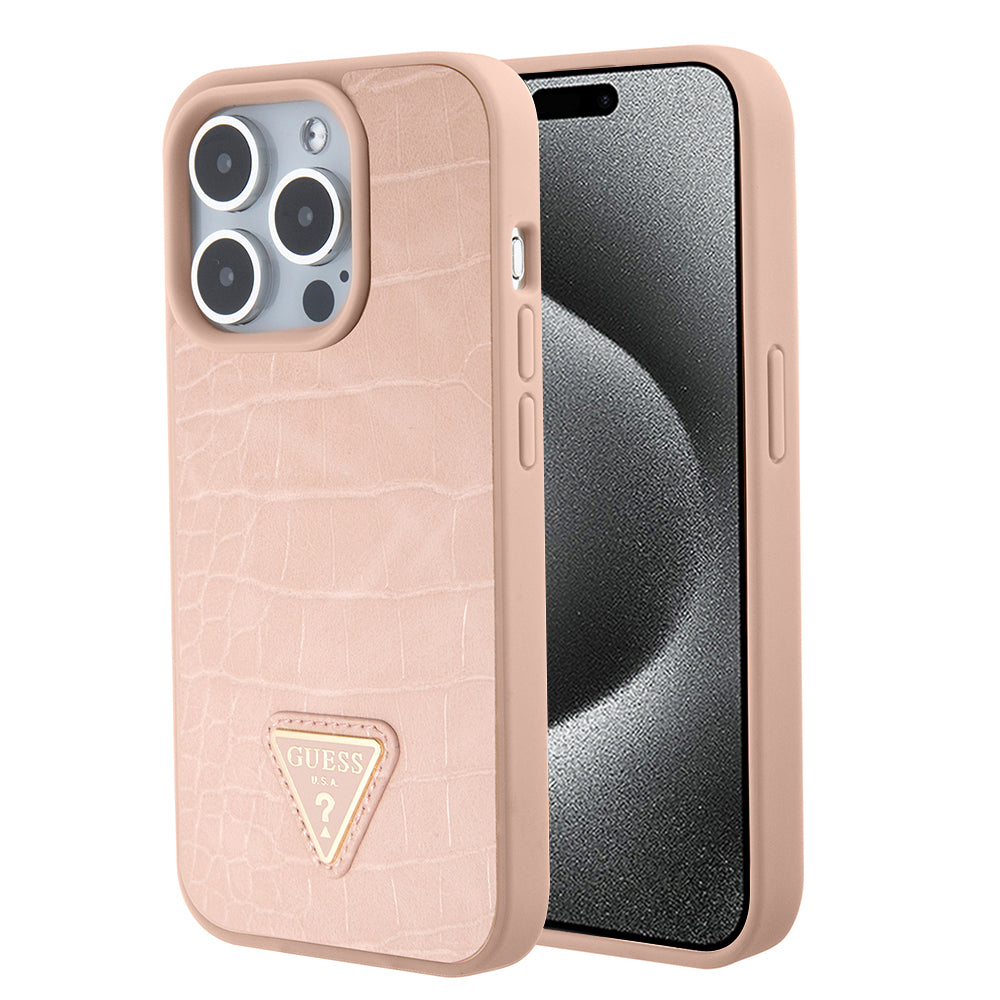Pouzdro pro Apple iPhone 15 Pro Max, Guess, Croco Triangle Metal Logo, Růžové