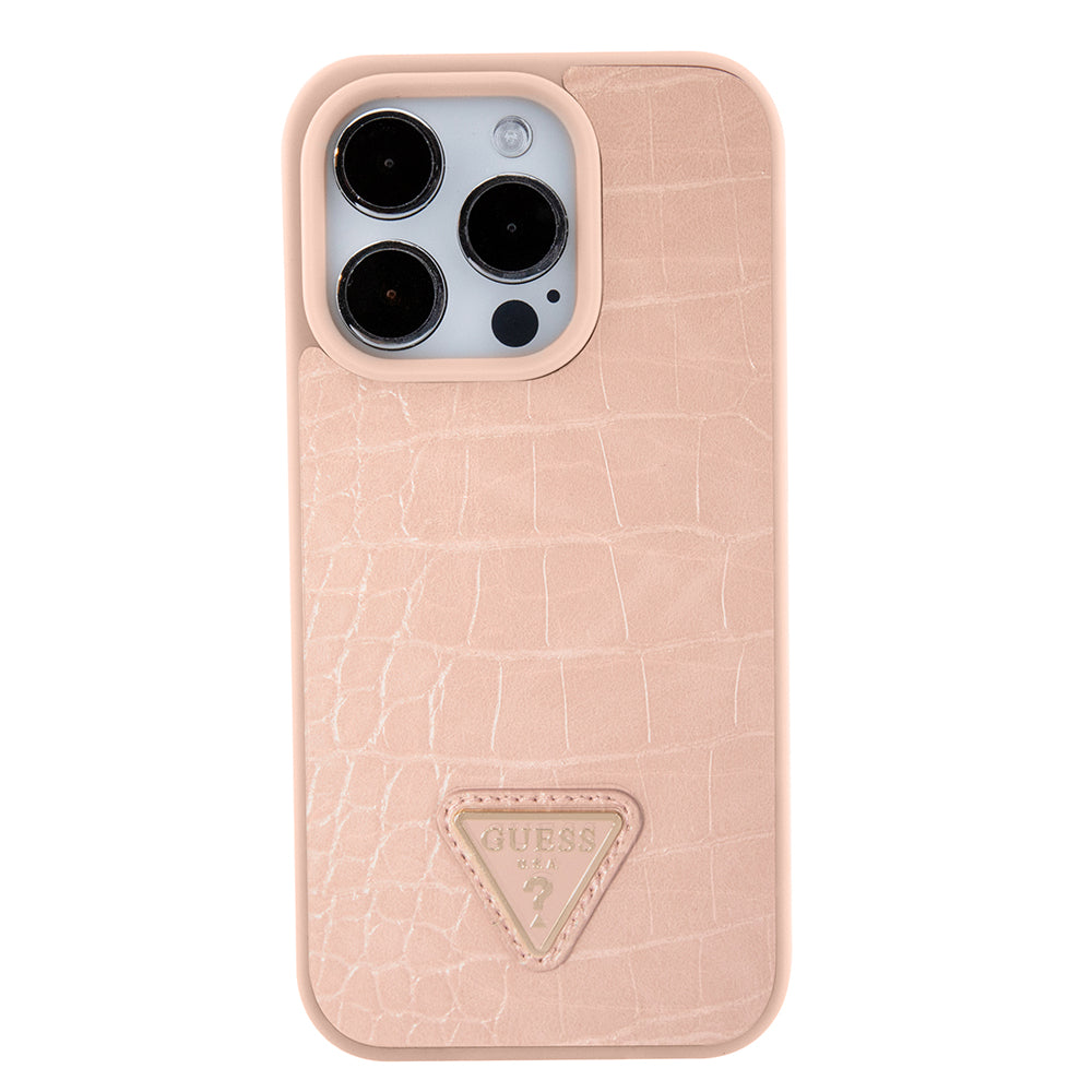 Pouzdro pro Apple iPhone 15 Pro Max, Guess, Croco Triangle Metal Logo, Růžové
