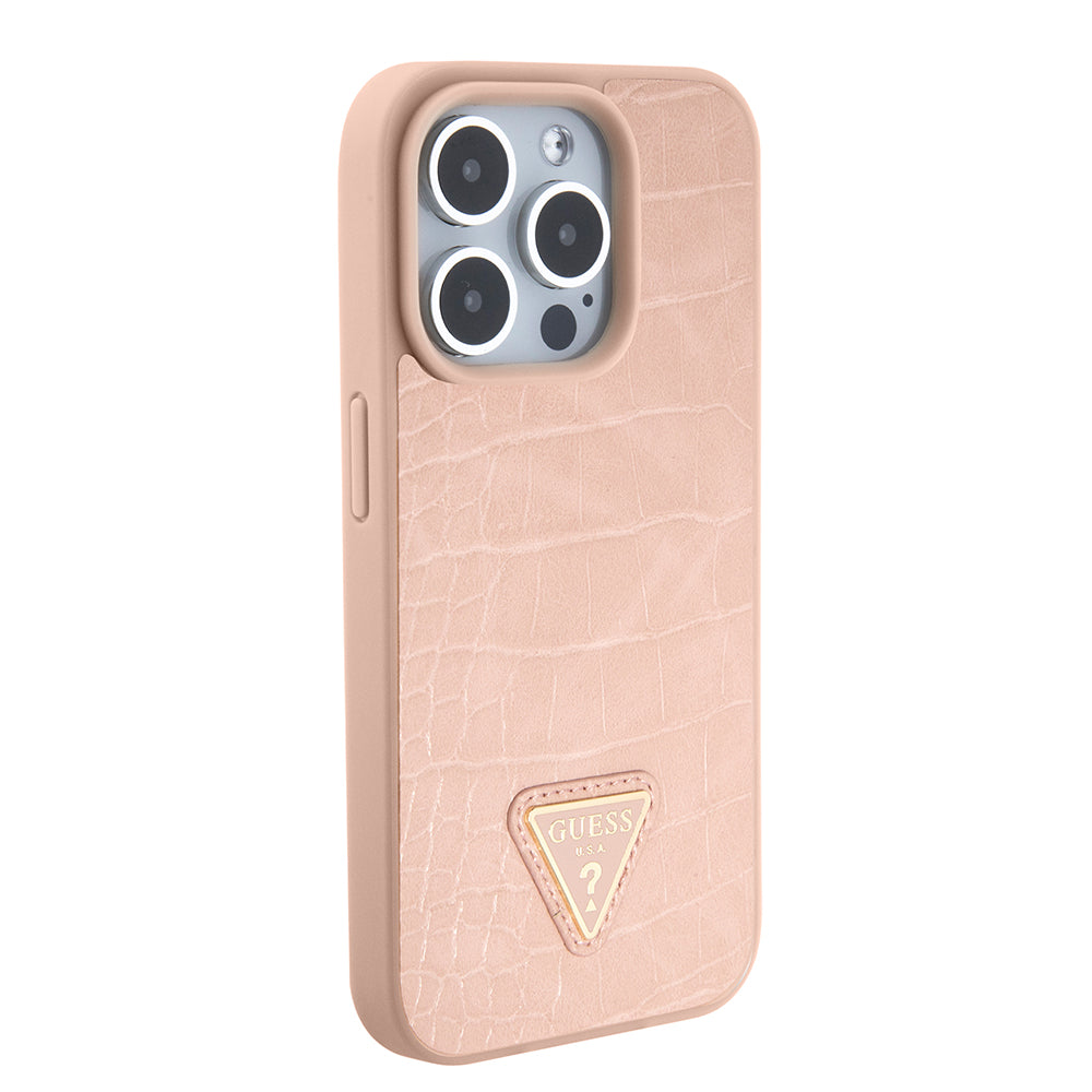Pouzdro pro Apple iPhone 15 Pro Max, Guess, Croco Triangle Metal Logo, Růžové