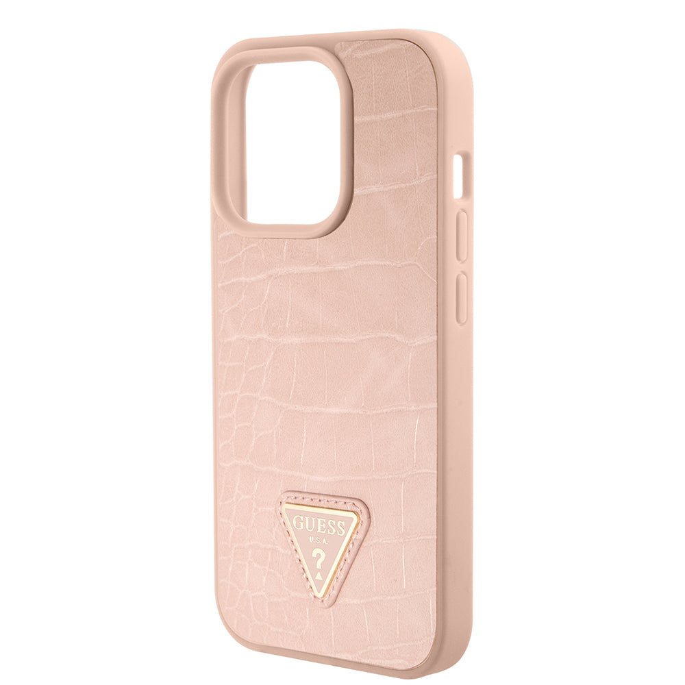 Pouzdro pro Apple iPhone 15 Pro Max, Guess, Croco Triangle Metal Logo, Růžové