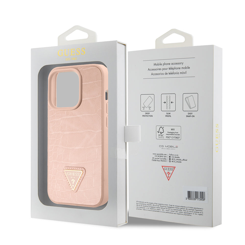 Pouzdro pro Apple iPhone 15 Pro Max, Guess, Croco Triangle Metal Logo, Růžové