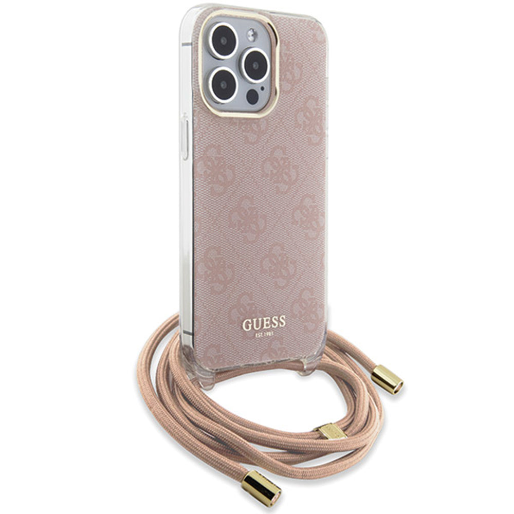 Pouzdro pro Apple iPhone 15 Pro Max, Guess, Crossbody Cord 4G Print, Růžové