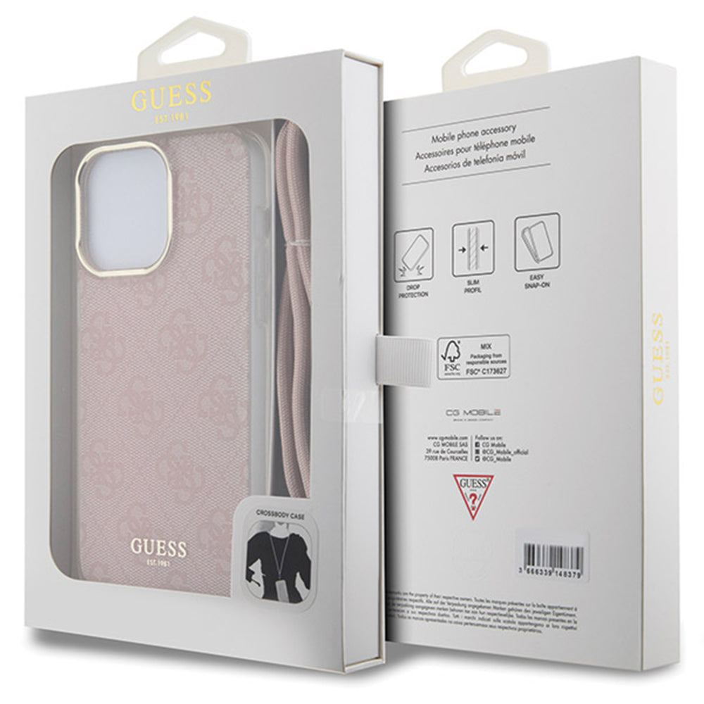 Pouzdro pro Apple iPhone 15 Pro Max, Guess, Crossbody Cord 4G Print, Růžové