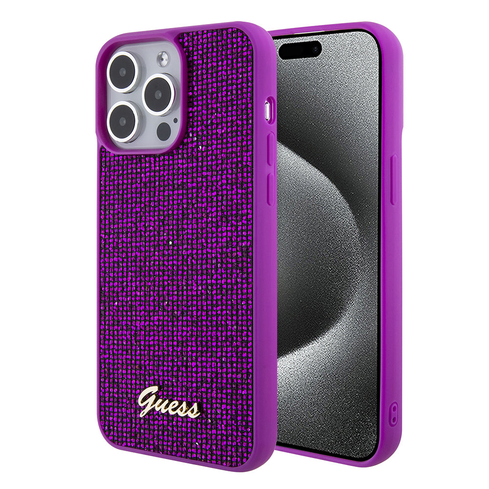 Pouzdro pro Apple iPhone 15 Pro Max, Guess, Disco Metal Script, Fuchsiová