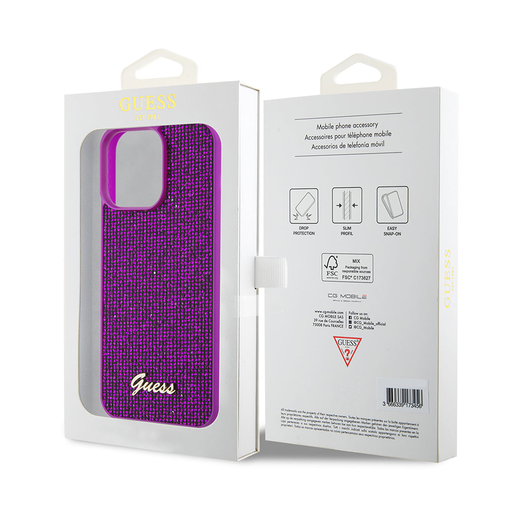 Pouzdro pro Apple iPhone 15 Pro Max, Guess, Disco Metal Script, Fuchsiová