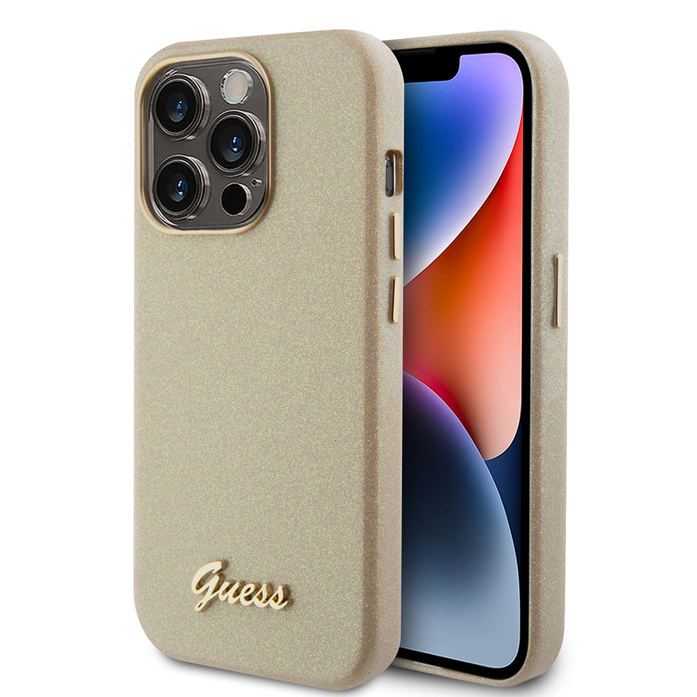 Pouzdro pro Apple iPhone 15 Pro Max, Guess, Glitter Glossy Script, Bežová