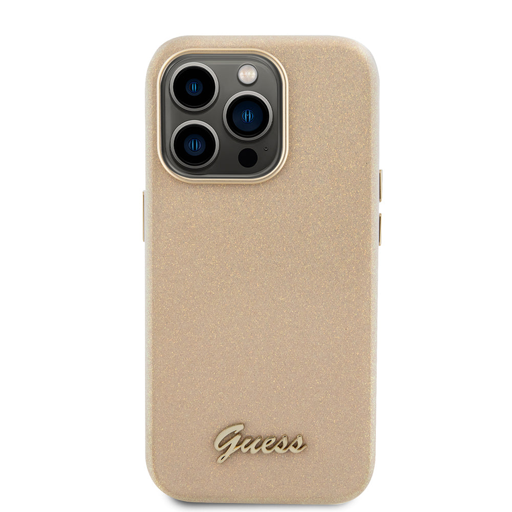 Pouzdro pro Apple iPhone 15 Pro Max, Guess, Glitter Glossy Script, Bežová
