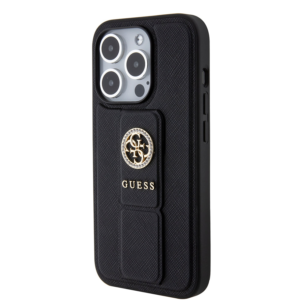 Pouzdro pro Apple iPhone 15 Pro Max, Guess, Grip Stand 4G Saffiano Strass, Černá