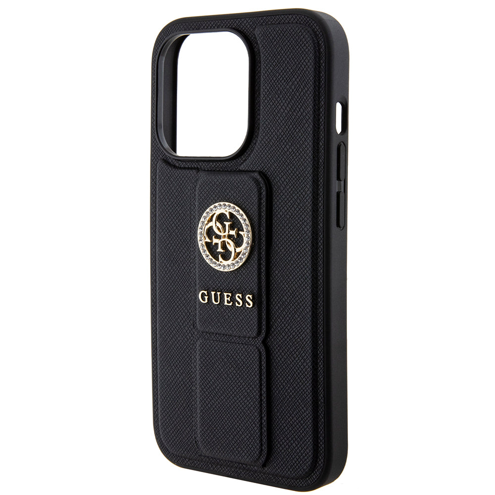 Pouzdro pro Apple iPhone 15 Pro Max, Guess, Grip Stand 4G Saffiano Strass, Černá