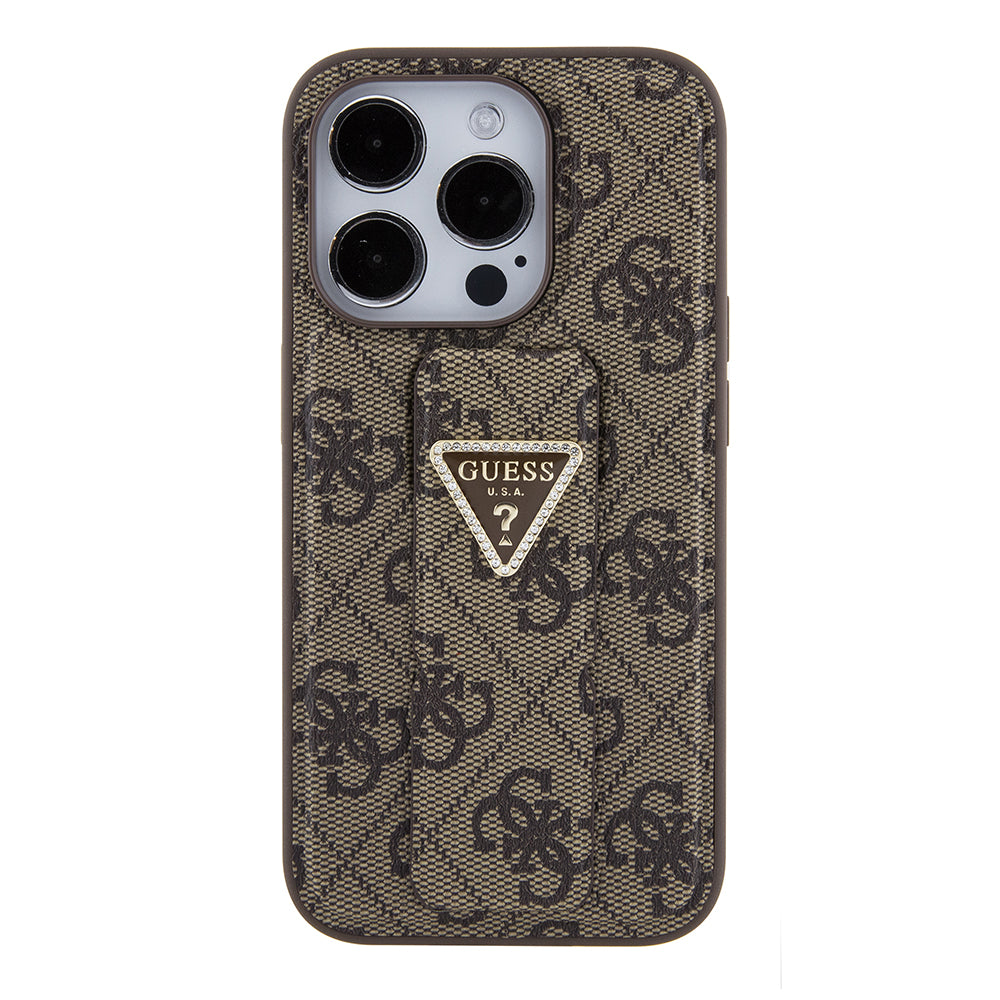 Pouzdro pro Apple iPhone 15 Pro Max, Guess, Grip Stand 4G Triangle Strass, hnědá