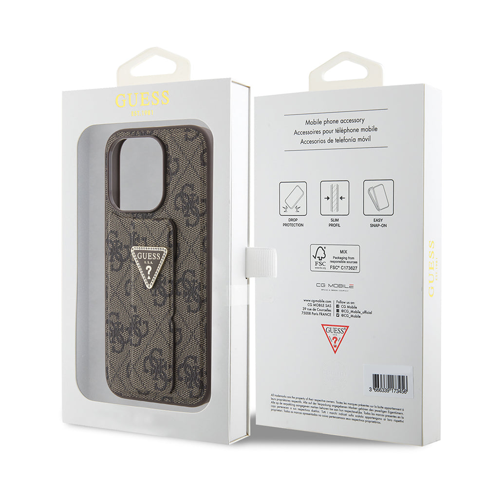 Pouzdro pro Apple iPhone 15 Pro Max, Guess, Grip Stand 4G Triangle Strass, hnědá