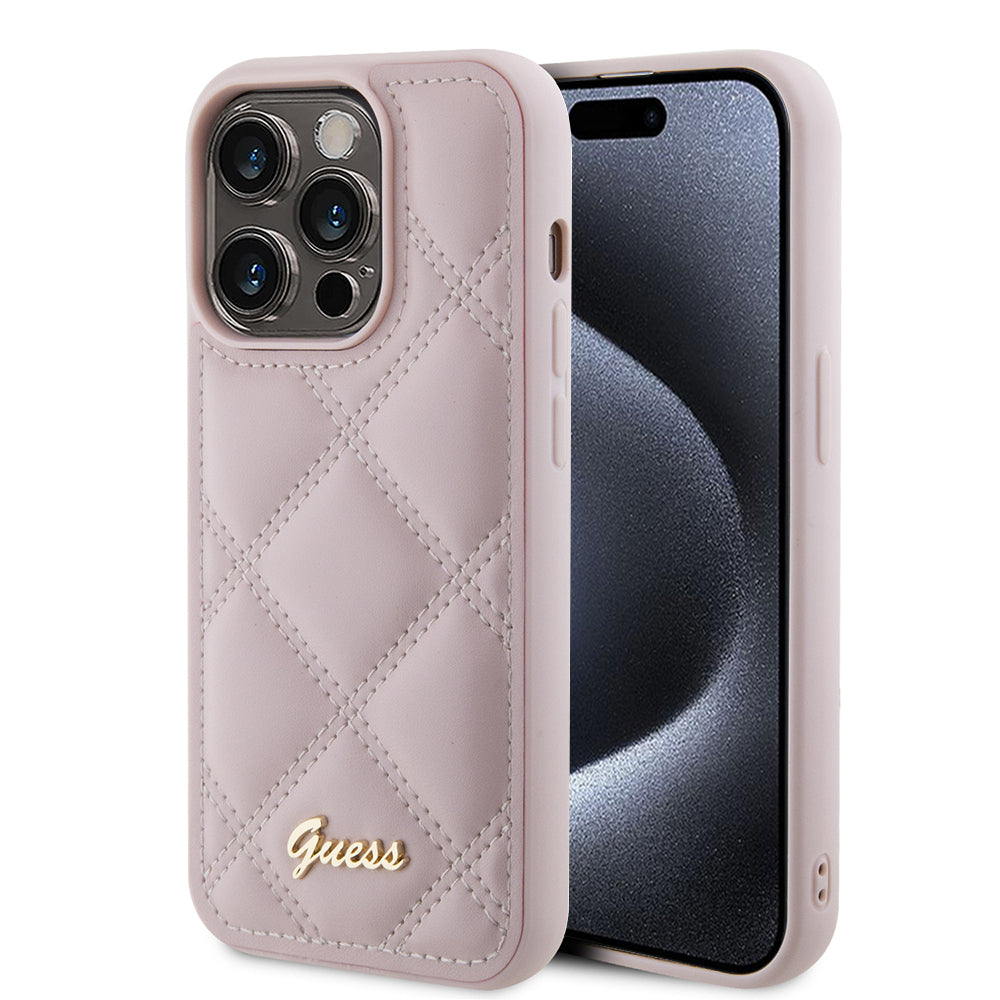 Pouzdro pro Apple iPhone 15 Pro Max, Guess, Quilted Metal Logo, Růžové