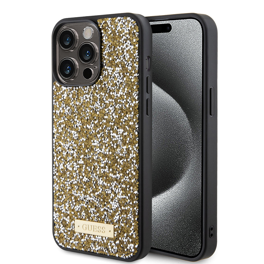 Pouzdro pro Apple iPhone 15 Pro Max, Guess, Rhinestone Metal Logo, Žlutá