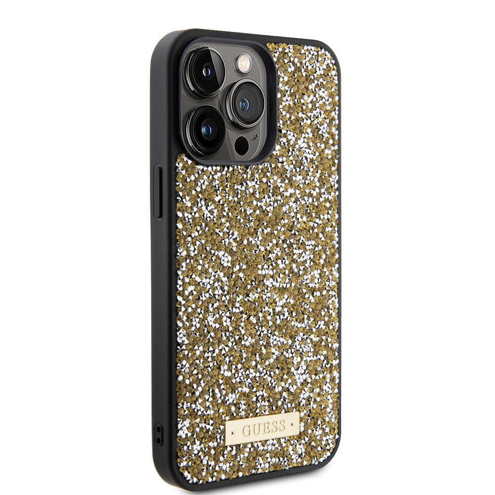 Pouzdro pro Apple iPhone 15 Pro Max, Guess, Rhinestone Metal Logo, Žlutá