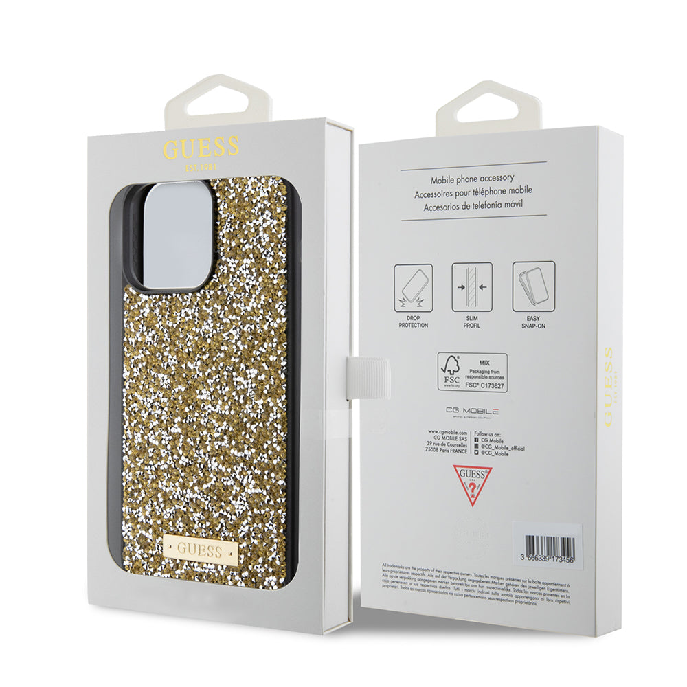 Pouzdro pro Apple iPhone 15 Pro Max, Guess, Rhinestone Metal Logo, Žlutá