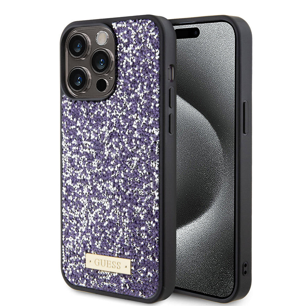 Pouzdro pro Apple iPhone 15 Pro, Guess, Rhinestone Metal Logo, Fialová