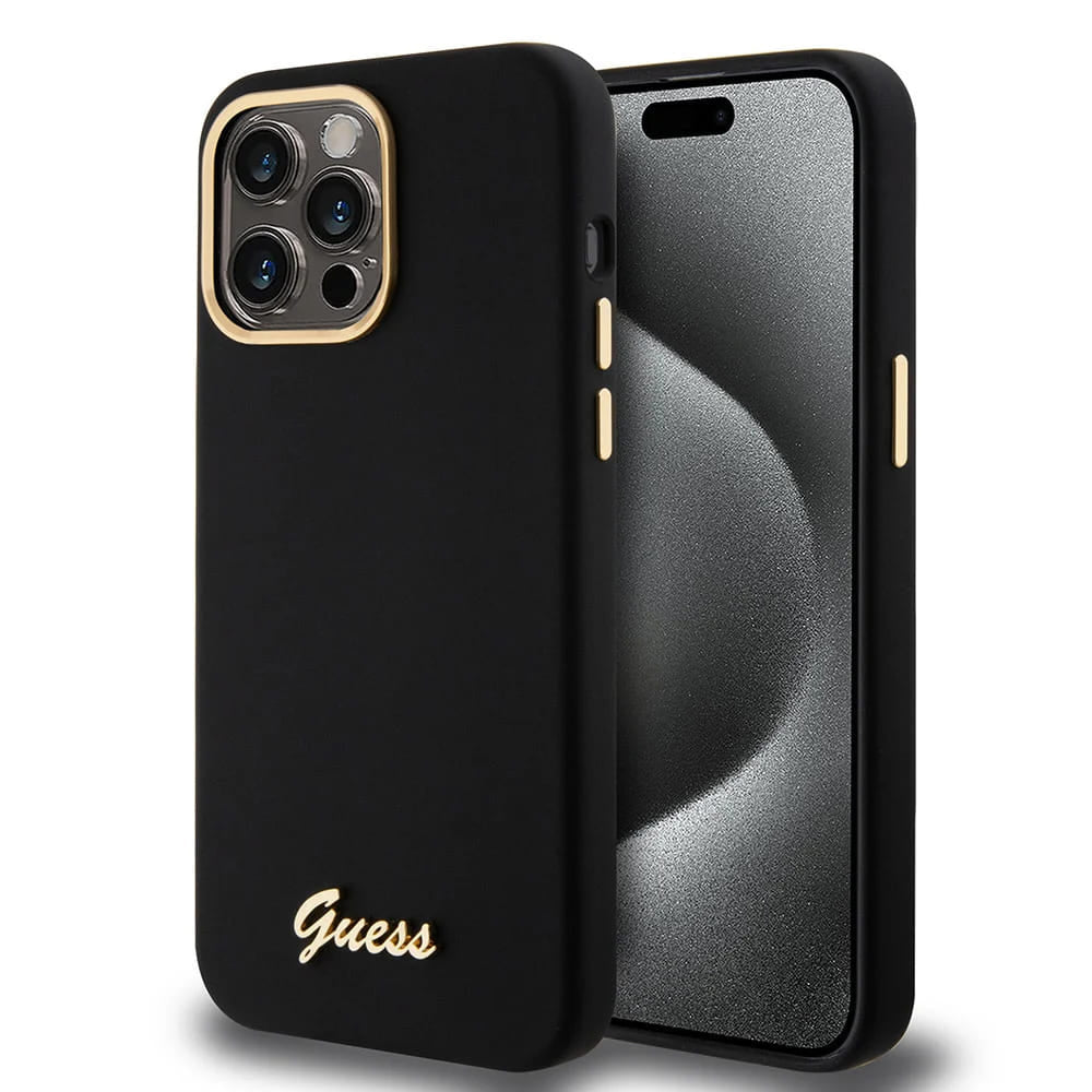 Pouzdro pro Apple iPhone 15 Pro Max, Guess, Script Metal Logo & Frame, Černá