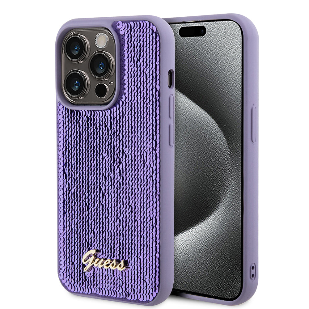 Pouzdro pro Apple iPhone 15 Pro Max, Guess, Sequin Script Metal, Fialová