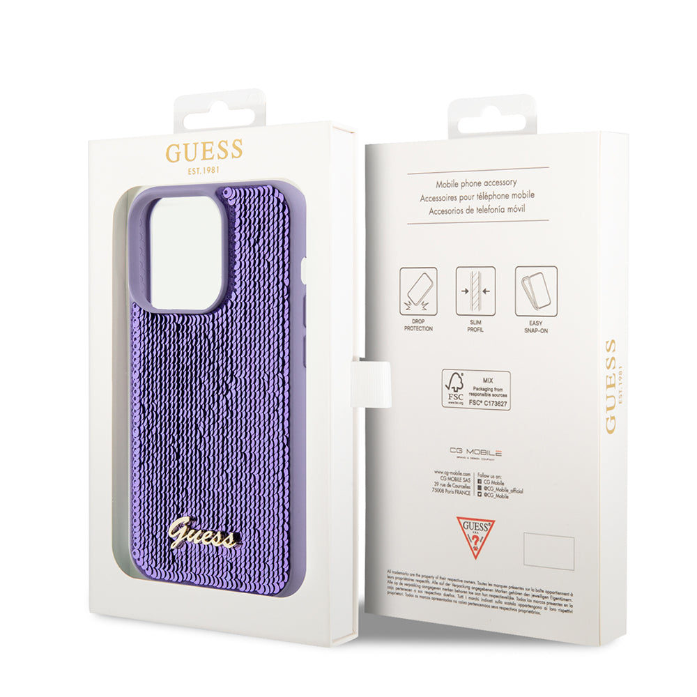 Pouzdro pro Apple iPhone 15 Pro Max, Guess, Sequin Script Metal, Fialová