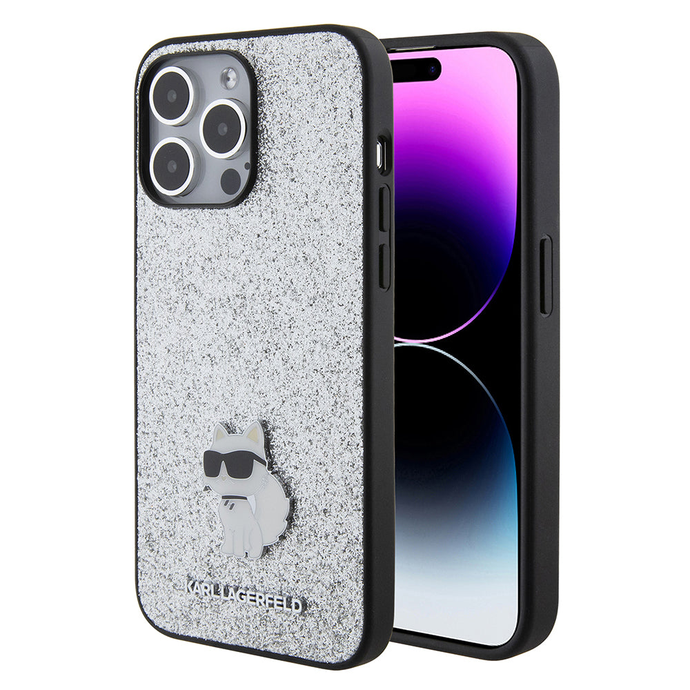 Pouzdro pro Apple iPhone 15 Pro Max, Karl Lagerfeld, Glitter Fixed Choupette Logo, Stříbrné.