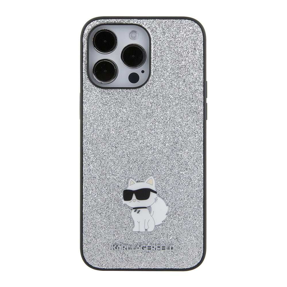 Pouzdro pro Apple iPhone 15 Pro Max, Karl Lagerfeld, Glitter Fixed Choupette Logo, Stříbrné.