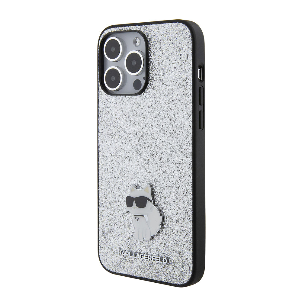Pouzdro pro Apple iPhone 15 Pro Max, Karl Lagerfeld, Glitter Fixed Choupette Logo, Stříbrné.