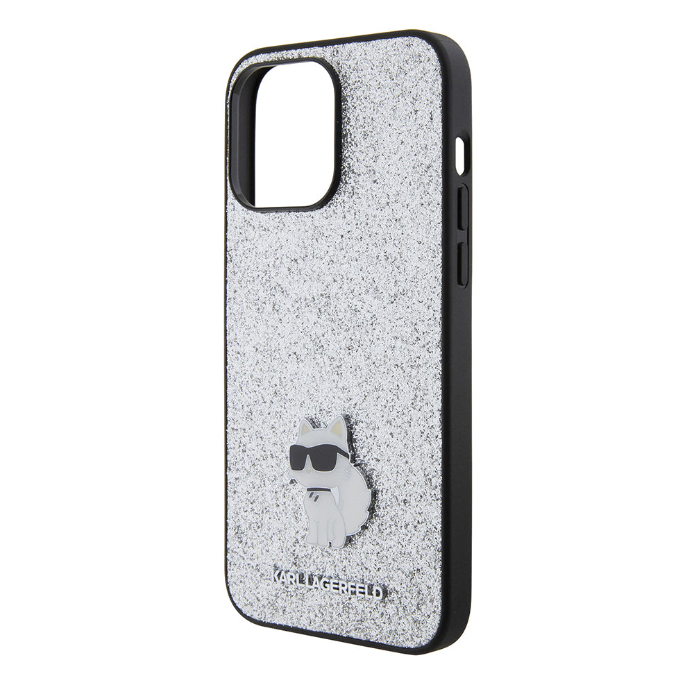 Pouzdro pro Apple iPhone 15 Pro Max, Karl Lagerfeld, Glitter Fixed Choupette Logo, Stříbrné.