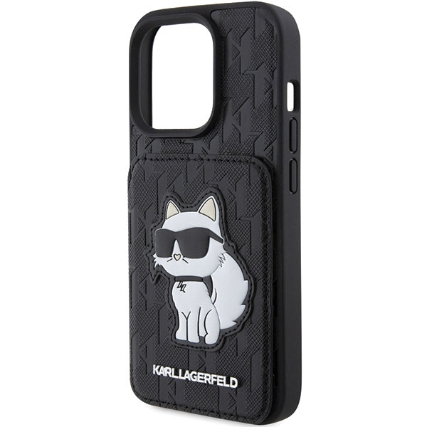 Pouzdro pro Apple iPhone 15 Pro Max, Karl Lagerfeld, Saffiano Cardslots and Stand Monogram Choupette, Černá