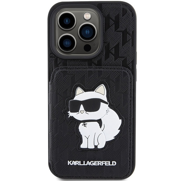 Pouzdro pro Apple iPhone 15 Pro Max, Karl Lagerfeld, Saffiano Cardslots and Stand Monogram Choupette, Černá