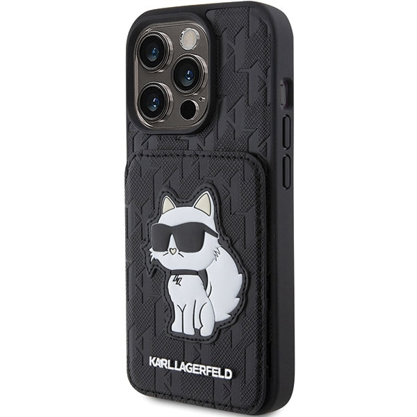 Pouzdro pro Apple iPhone 15 Pro Max, Karl Lagerfeld, Saffiano Cardslots and Stand Monogram Choupette, Černá