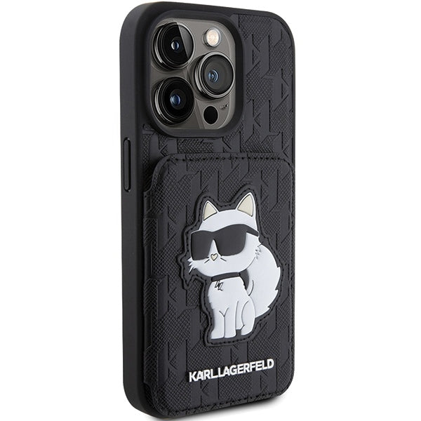 Pouzdro pro Apple iPhone 15 Pro Max, Karl Lagerfeld, Saffiano Cardslots and Stand Monogram Choupette, Černá