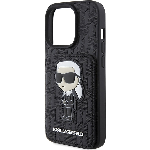 Pouzdro pro Apple iPhone 15 Pro Max, Karl Lagerfeld, Saffiano Cardslots and Stand Monogram Ikonik Karl, Černá