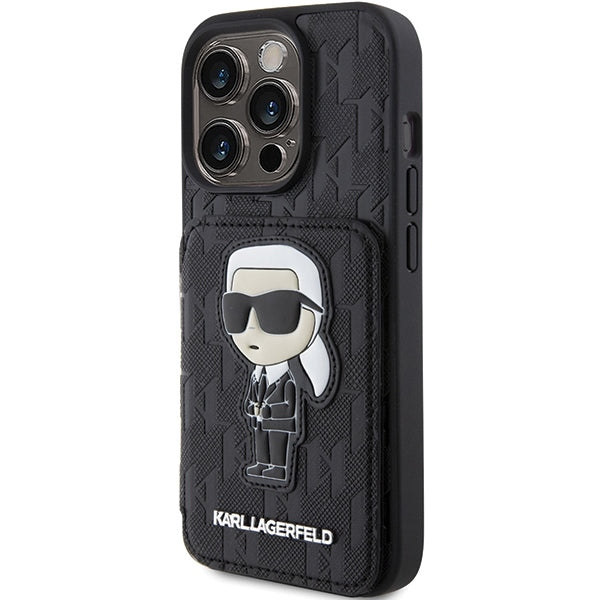 Pouzdro pro Apple iPhone 15 Pro Max, Karl Lagerfeld, Saffiano Cardslots and Stand Monogram Ikonik Karl, Černá