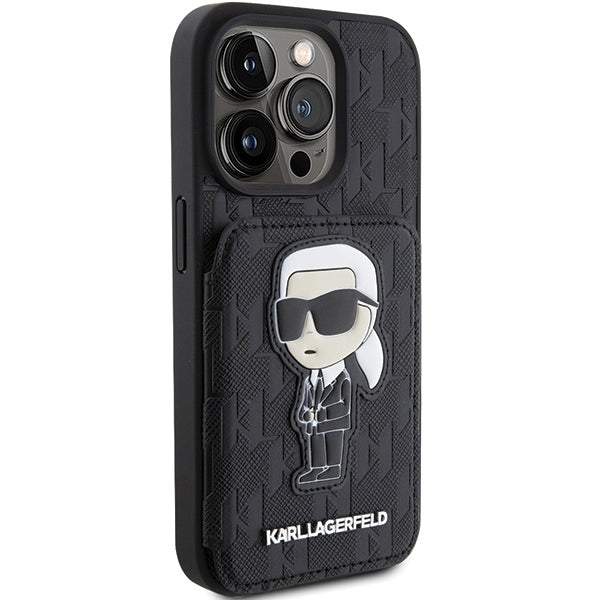 Pouzdro pro Apple iPhone 15 Pro Max, Karl Lagerfeld, Saffiano Cardslots and Stand Monogram Ikonik Karl, Černá