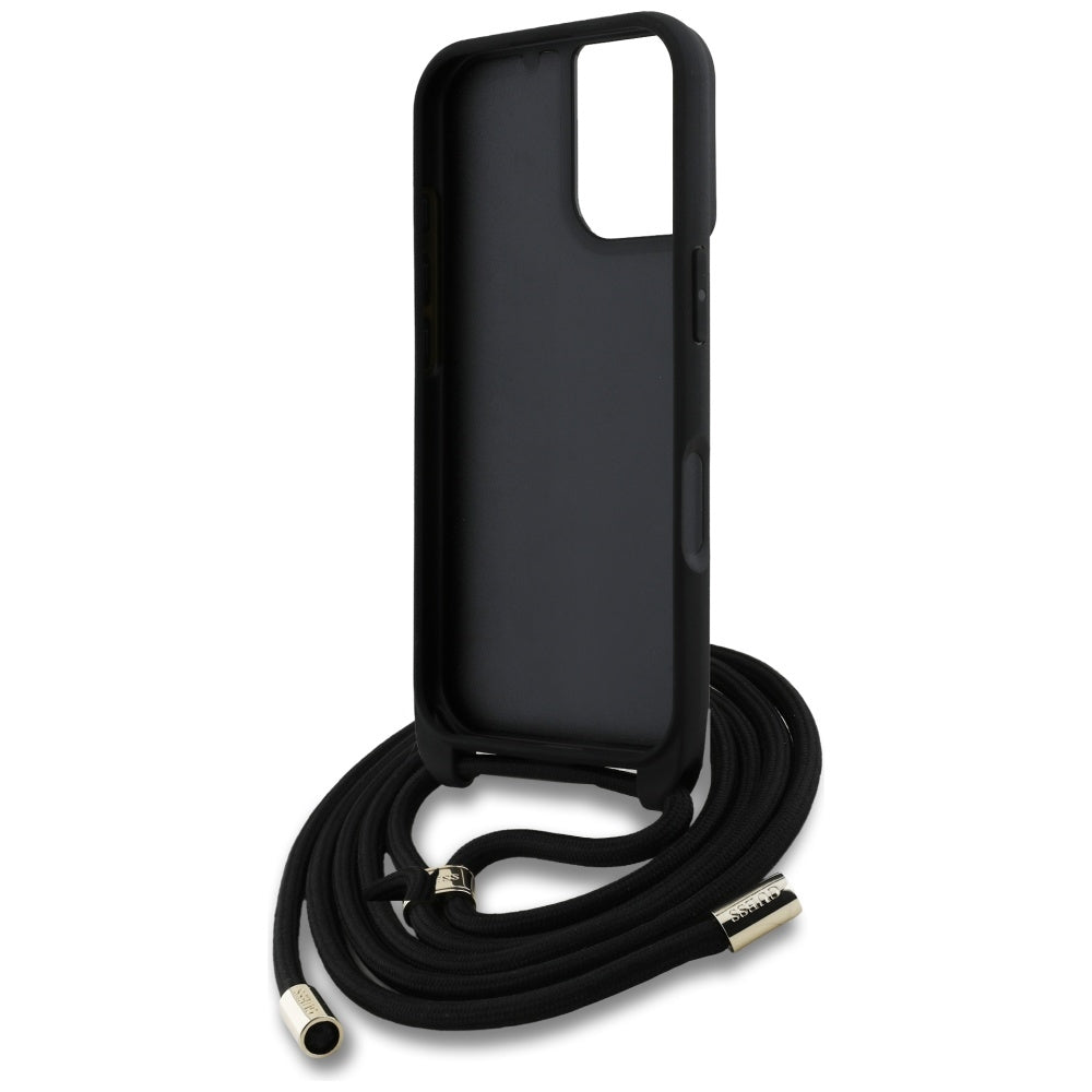 Pouzdro pro Apple iPhone 16, Guess, 4G CBDY Big Logo with Cord Strap, Černá