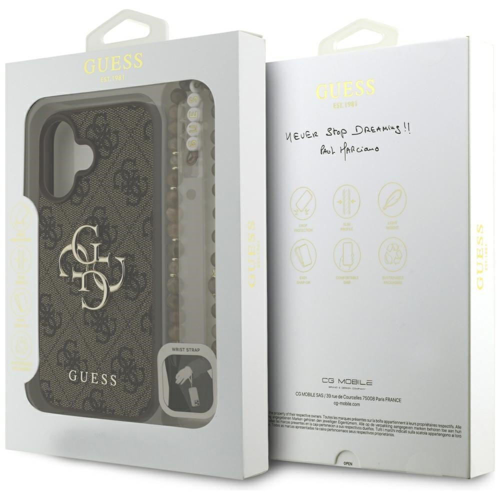 Pouzdro pro Apple iPhone 16, Guess, 4G Classic Logo with Strap, hnědá