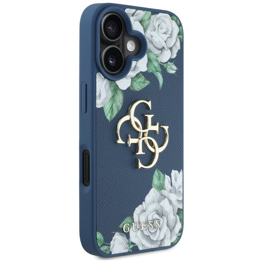Pouzdro pro Apple iPhone 16, Guess, 4G Grained Roses Big Logo, Modrá