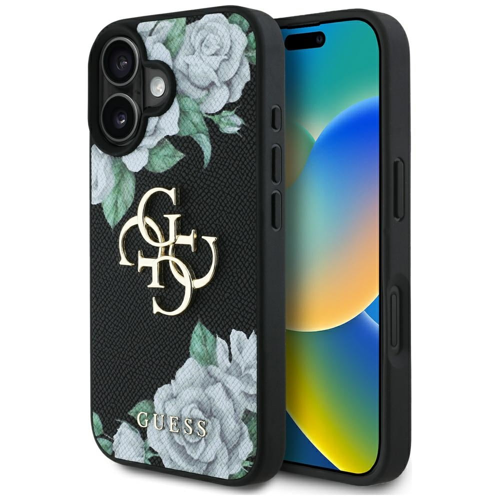 Pouzdro pro Apple iPhone 16, Guess, 4G Grained Roses Big Logo, Černá