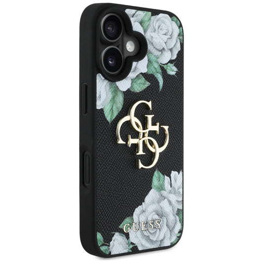 Pouzdro pro Apple iPhone 16, Guess, 4G Grained Roses Big Logo, Černá