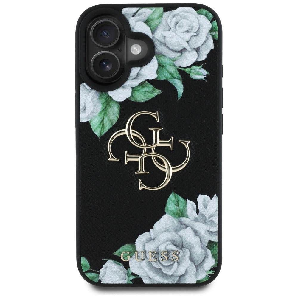 Pouzdro pro Apple iPhone 16, Guess, 4G Grained Roses Big Logo, Černá