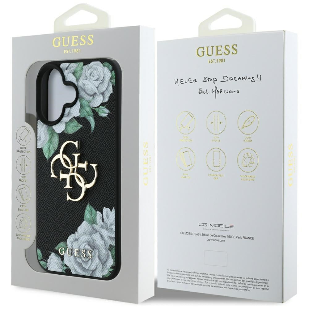 Pouzdro pro Apple iPhone 16, Guess, 4G Grained Roses Big Logo, Černá