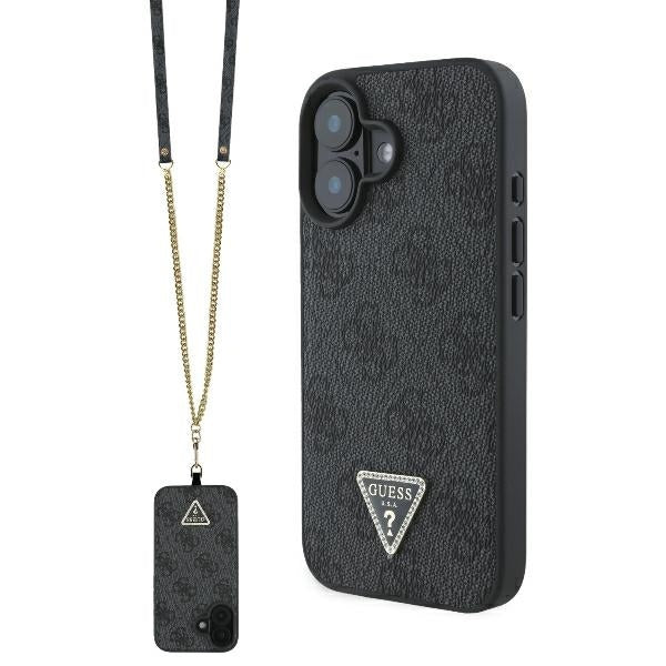 Pouzdro pro Apple iPhone 16, Guess, Crossbody 4G Triangle Strass, Černá