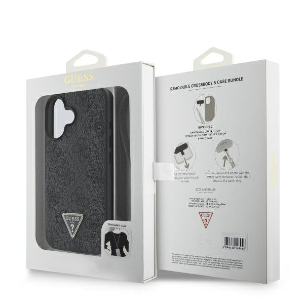 Pouzdro pro Apple iPhone 16, Guess, Crossbody 4G Triangle Strass, Černá
