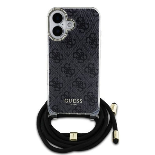 Pouzdro pro Apple iPhone 16, Guess, Crossbody Cord 4G Print, černé.