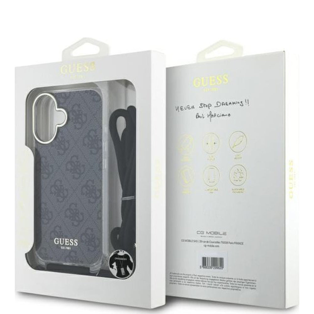 Case for Apple iPhone 16, Guess, Crossbody Cord 4G Print, Black