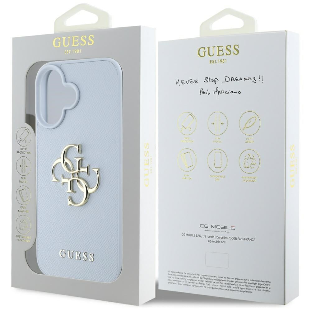Pouzdro pro Apple iPhone 16, Guess, Grained Big 4G Logo Small Classic Logo, Modrá